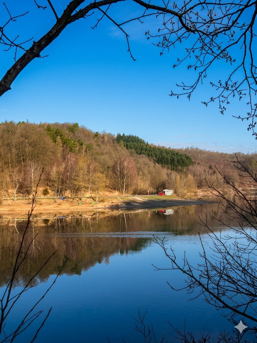 Ruhige Wasserspiegelung am Edersee – Natur pur