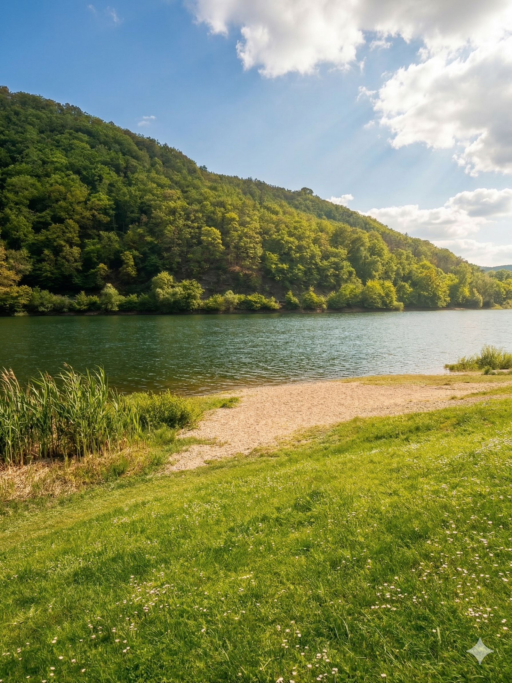 Blick von der Terrasse auf den See – Sonnenstrahlen brechen durch die Wolken