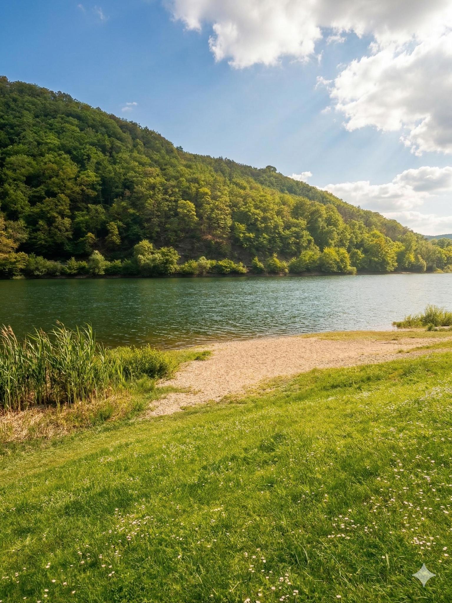 Blick von der Terrasse auf den See – Sonnenstrahlen brechen durch die Wolken